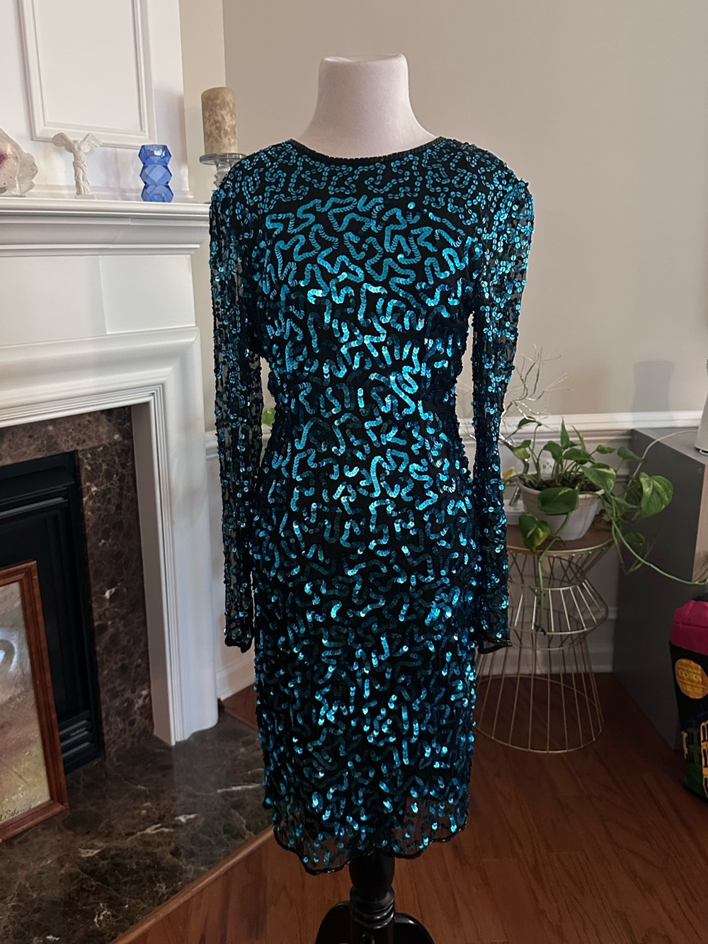 Leslie Fay Teal Sequin Long-Sleeve Sheath Dress